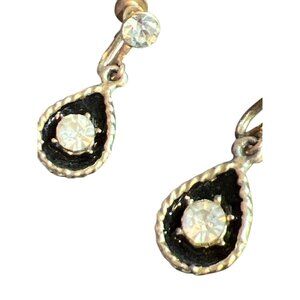 Vtg Screw Back Crystal Teardrop Earrings Gold Tone Black Drop Enamel Estate 1.5"